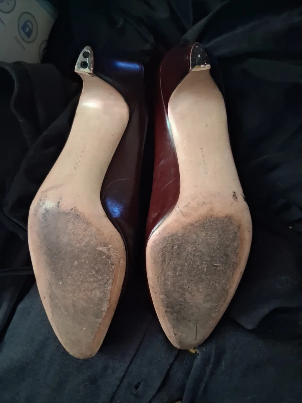 Salvatore Ferragamo Burgundy Pointed Toe Leather Pumps with Decorative Stitching